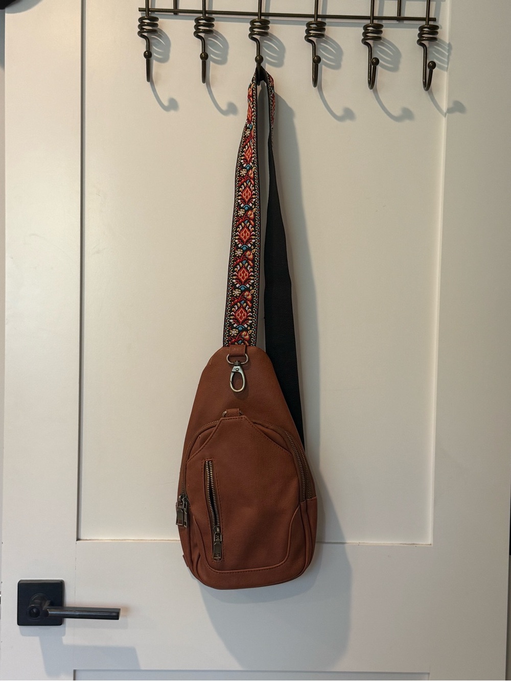 Brown Leather Sling Bag with Patterned Strap - Men